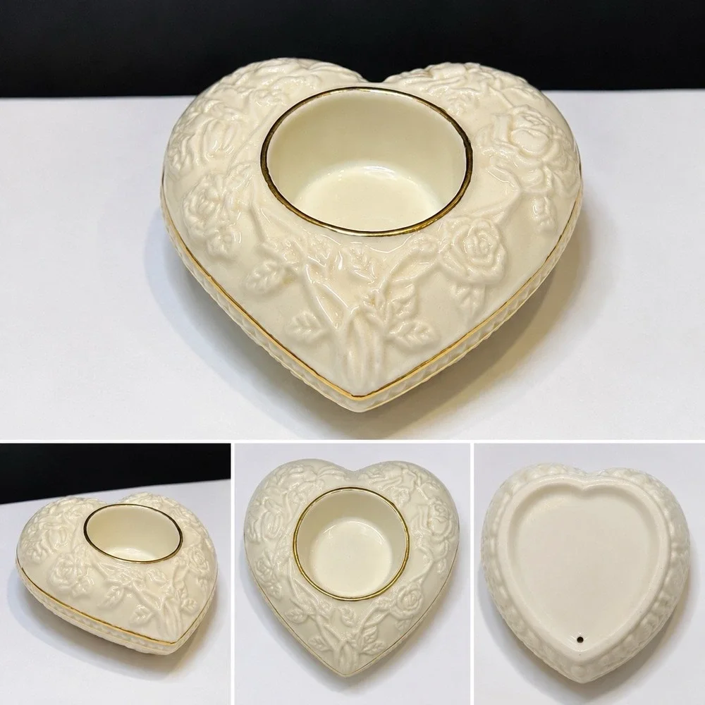 Lenox Heart Votive Tea Light Candle Holder Ivory Gold Trim Roses Floral 4